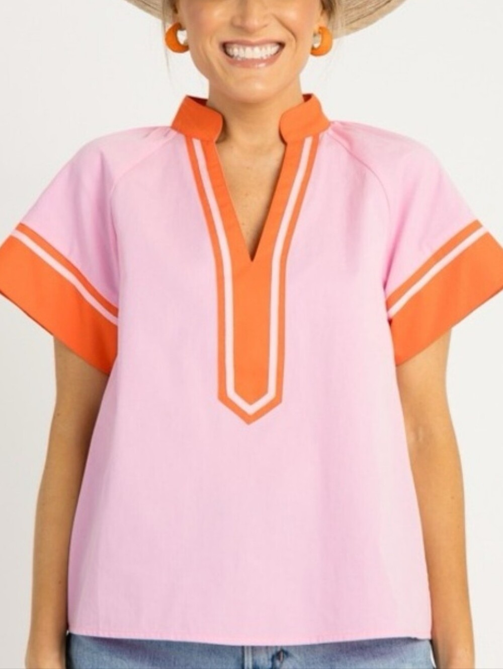 THML Split Neck Blouse V-Neck SzL Orange & Pink